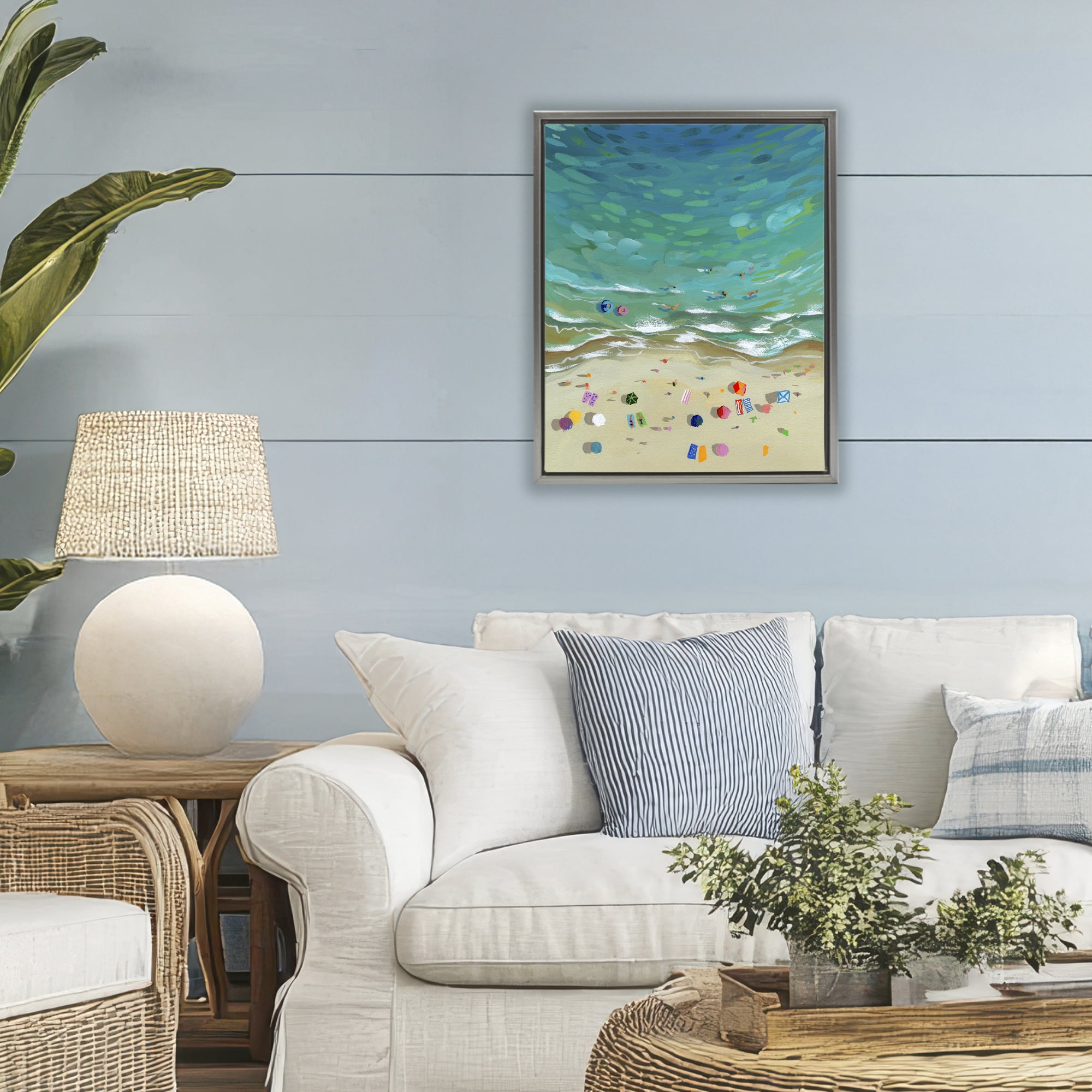 Stupell Industries Aerial Beachside with Umbrellas Gray Framed Floater Canvas Wall Art, design by Brook Page
