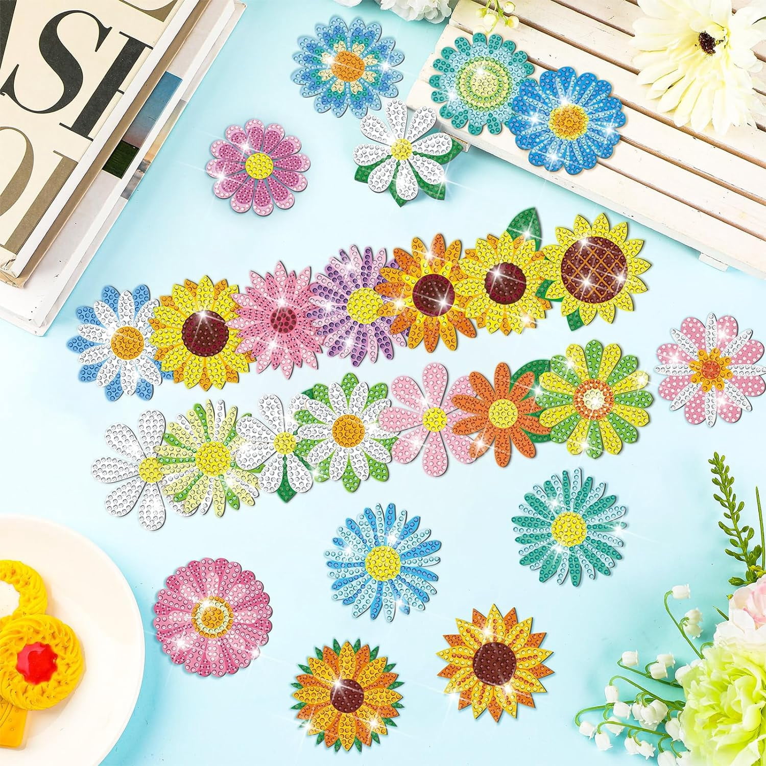 30 Pcs Diamond Art Magnets Refrigerator Easy Art Kits Fridge Diamond Painting Magnets Stickers for Adults DIY Home Decors Flower Butterfly(Daisy)