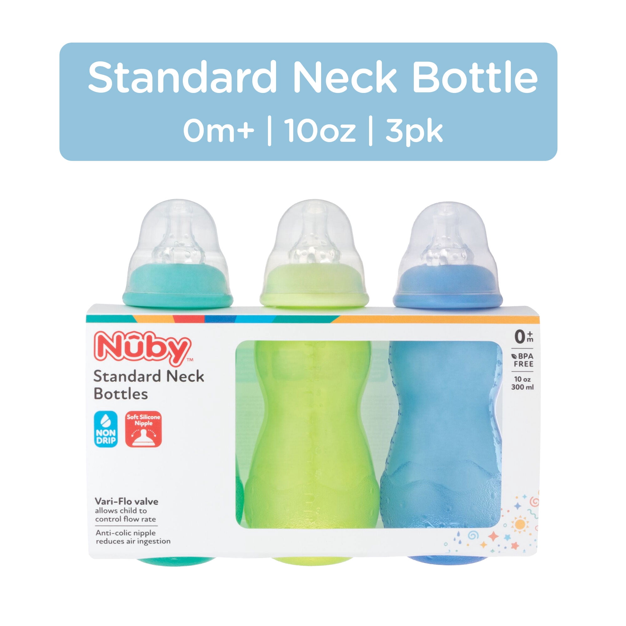 Nuby Standard Neck Bottle for Infants, 3+ Months, 10 oz, 3 Pack
