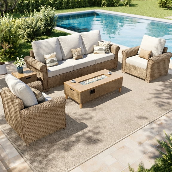 SUMMIT LIVING All-Weather Wicker Patio Furniture Set With 42" Fire Pit Table, 5-Piece Outdoor Patio Conversation Set, Beige