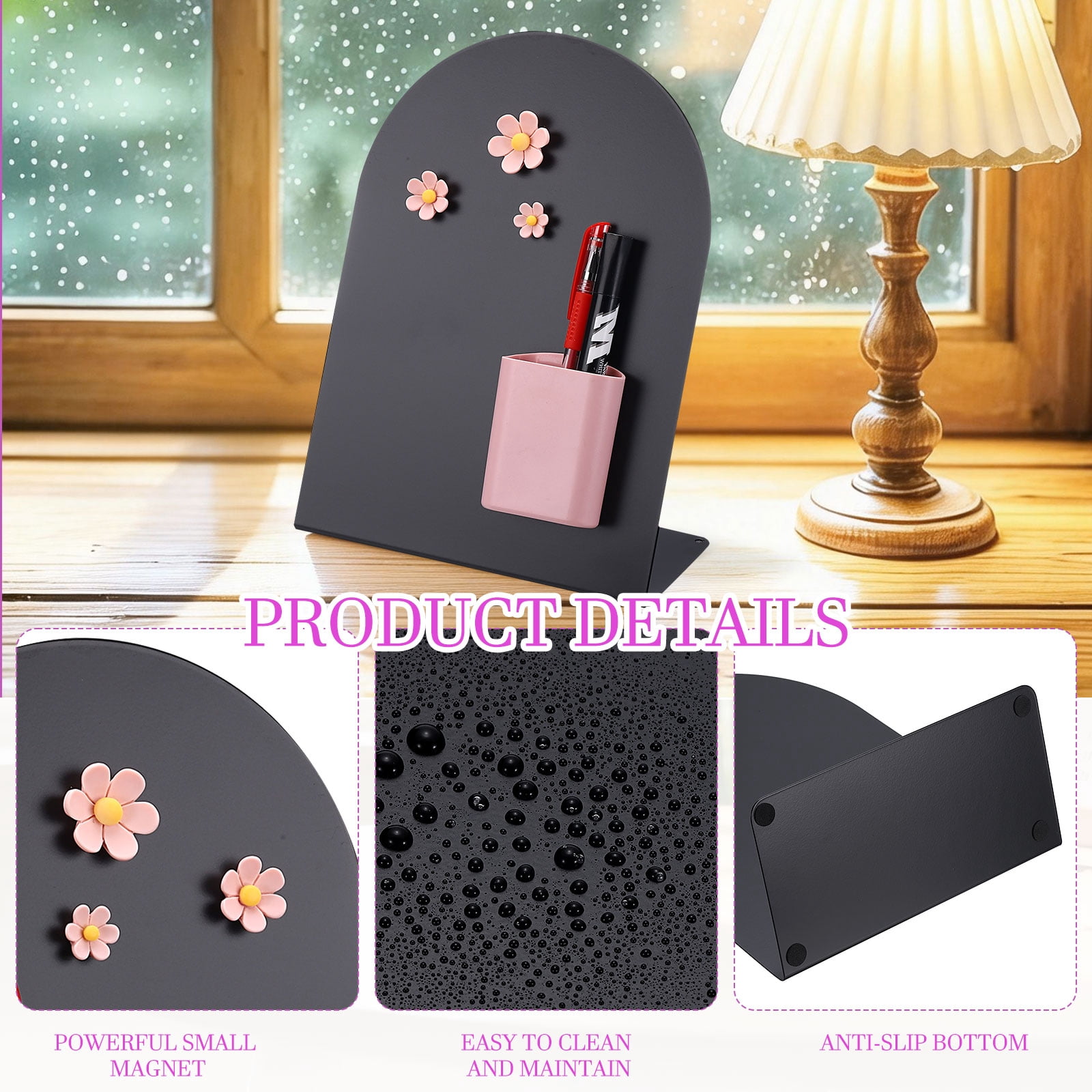 Uxcell 2 Pcs Magnetic Bulletin Board, Memo Magnet Display Stand Board with 6 Flower Magnets & Pen Holder for Home Office, Black/Pink/White