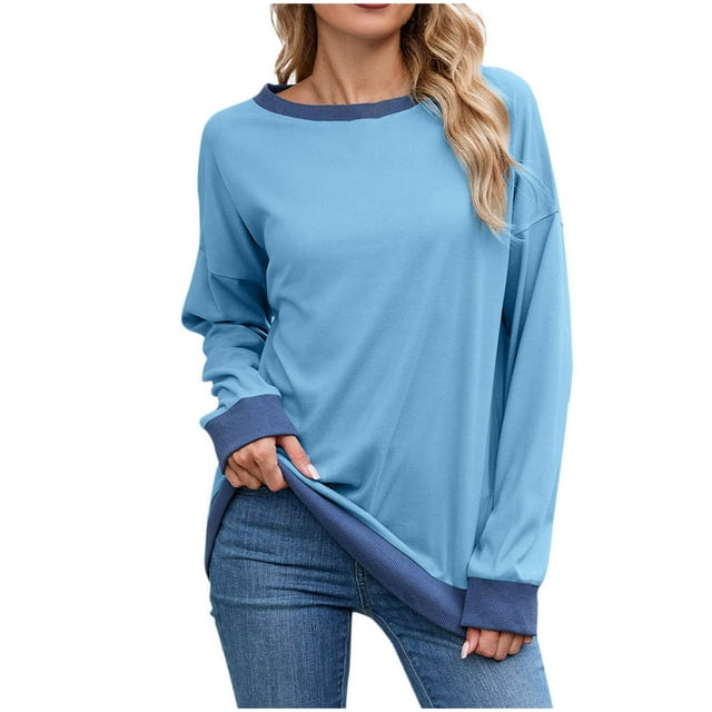Women's Casual Tops, Long Sleeve Oversized Ribbed Knit Shirt with Color Block Design, Soft Polyester Comfort Fit Daily Wear