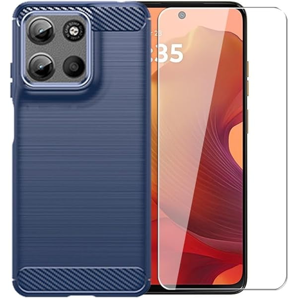 wonima11 for Motorola Moto G15 Case with HD Screen Protector, Upgraded Non-Slip Shock-Absorption Flexible TPU Carbon Fiber Bumper Soft Rubber Protective Phone Case Cover (Navy)