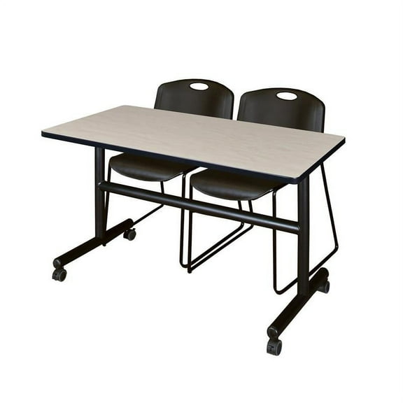 48" x 30" Flip Top Mobile Training Table- Maple and 2 Zeng Stack Chairs- Black