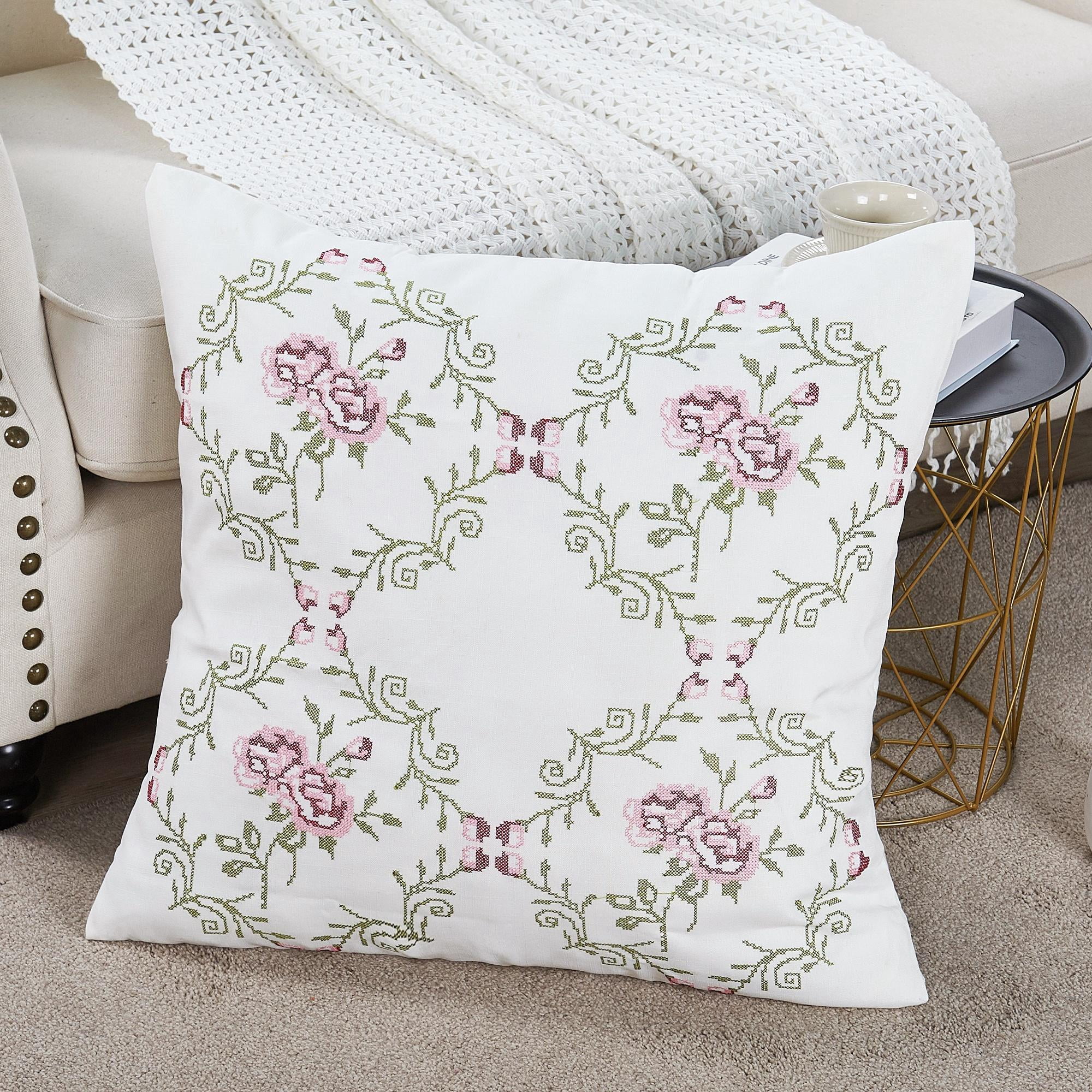 Home Soft Things Embroidery Canvas Throw Pillow Cover Pillow Case 2 Piece Set - Rose - Light Pink - 20" x 20"