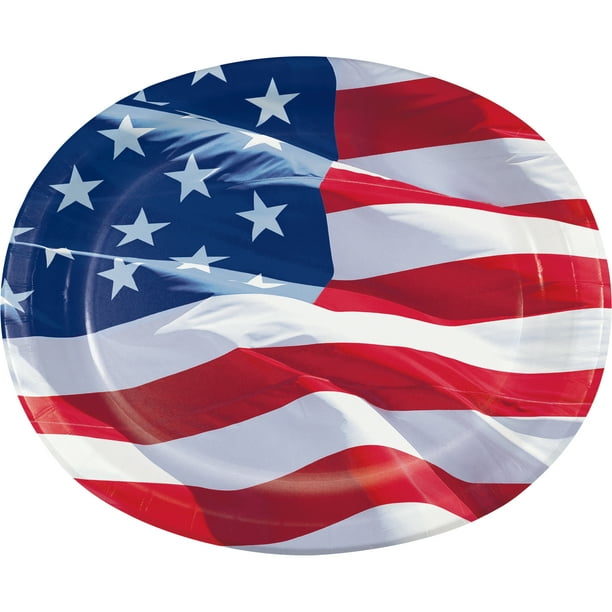 Waving Flag Fourth of July Oval Paper Plates 24 Count for 24 Guests