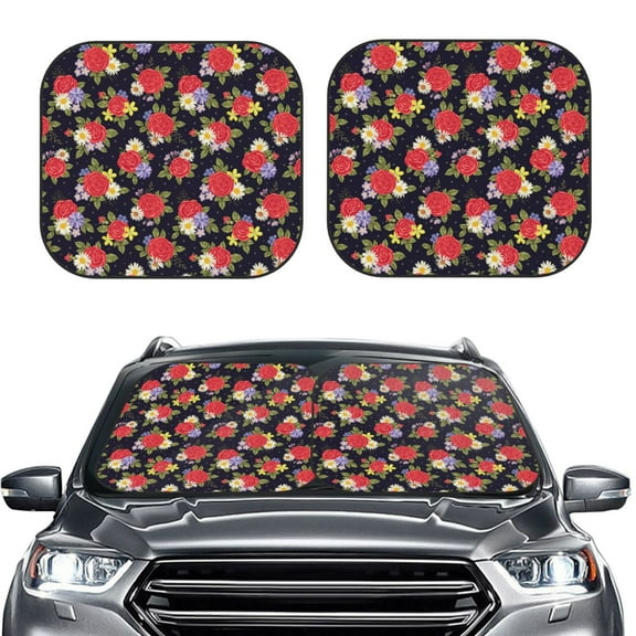 Kdxio Red Rose Flower Print 2-Piece Sun Shade Front Windshield - Foldable Car Front Window Sunshades for Most Sedans SUV Truck