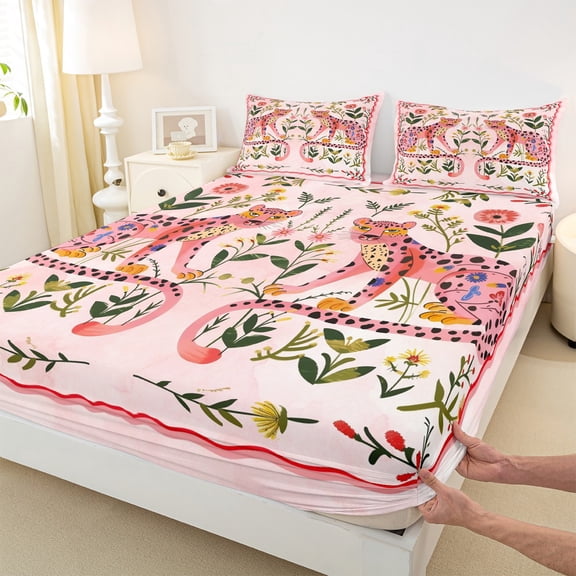 Castle Fairy Animal Leopard 3pcs Twin Sheet Sets,Pink Green Twin Fitted Sheet,Chic Flower Breathable Flat Sheet,Microfiber Teens Bedroom Decor