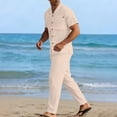 thumbnail image 4 of IROINNID Men's 2 Piece Casual Short Sleeve Button Down Camp Collar Shirt and Drawstring Pants Linen Blend Summer Beach Vacation Outfit, 4 of 8
