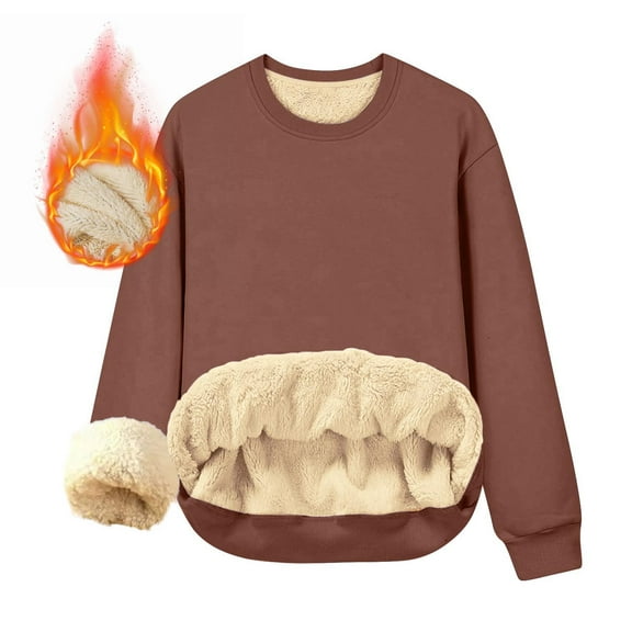 HAOTAGS Fleece Lined Sweatshirts for Women Casual Long Sleeve Round Neck Fall Winter Warm Pullover Tops Coffee Size L