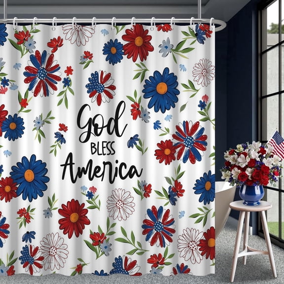 Pbobriich 4th of July Patriotic Shower Curtain Independence Day America Memorial Day Flower Bath Curtain Neutral Country Bathroom Decor,72x72 Inch