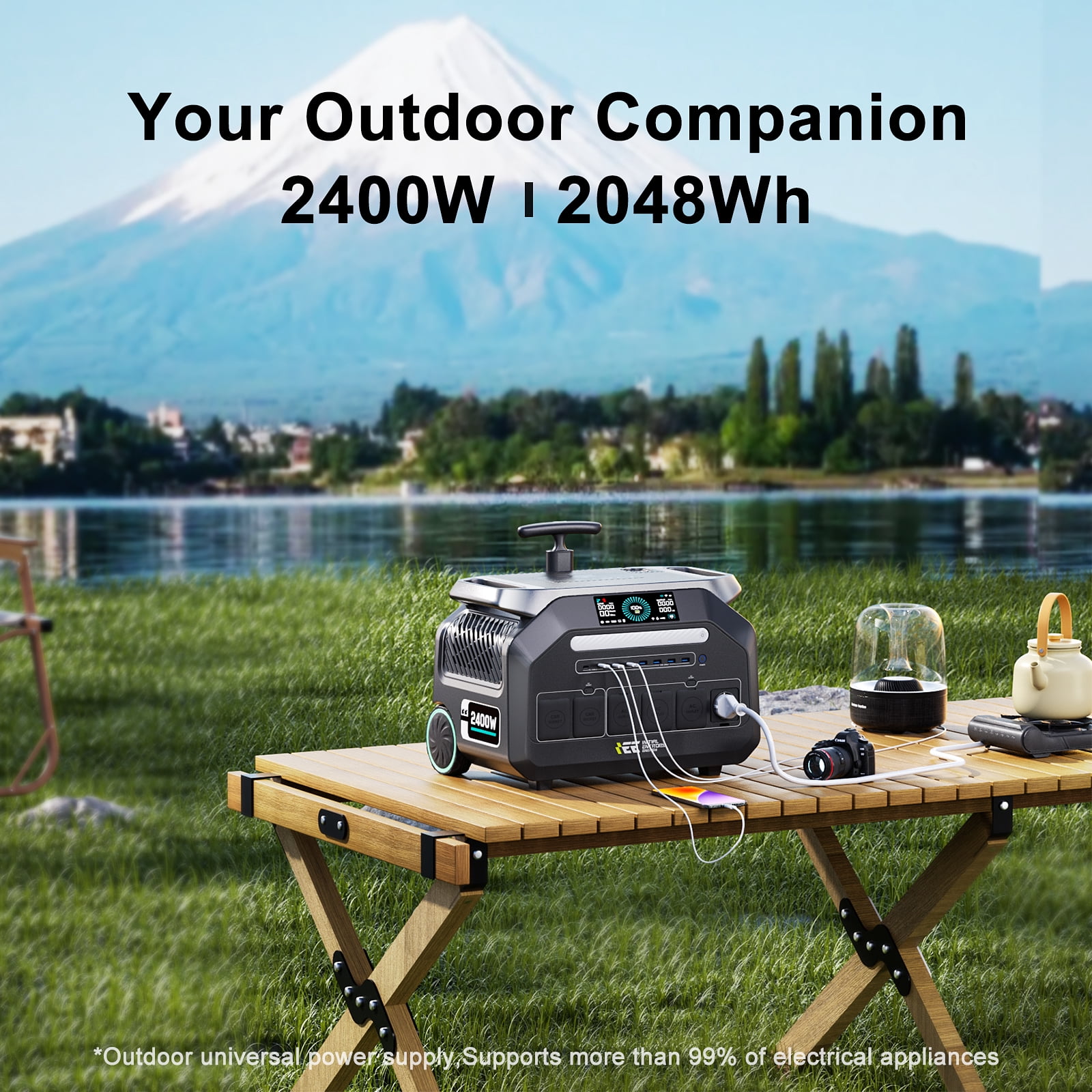 IEE P2400 2048Wh Solar Generator with 200W Panel, 2400W (4800W Surge) LiFePO4 Power Station, Fast Charging, APP Control, 16 Ports, UPS Battery Backup for Home, RV, Camping