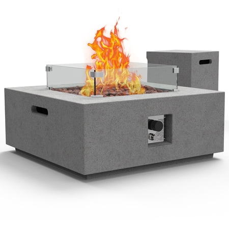 Essential Lounger 35 Inch Propane Fire Pit Table 50 000 BTU Square Concrete Gas Fire Pit Outdoor Fire Table with Propane Tank Table Wind Guard  Waterproof Cover Lava Rocks - Grey