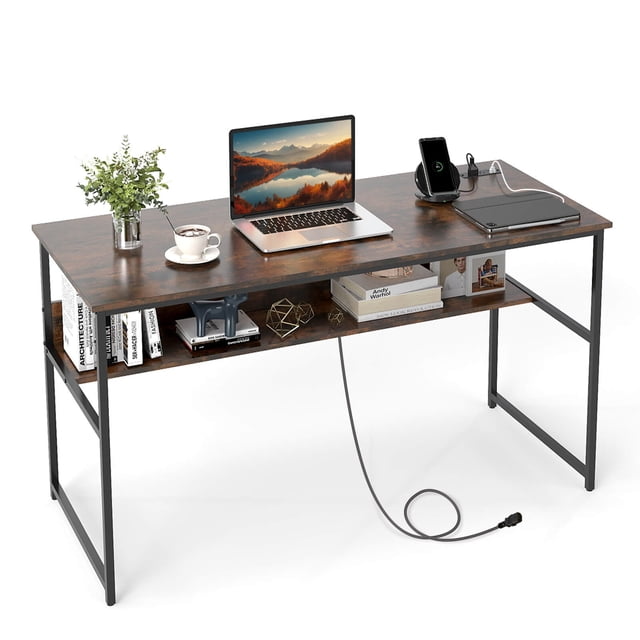 Costway 55 x 24 inch Office Desk with Charging Station,Storage Shelf,Heavy Duty Metal Frame Rustic Brown