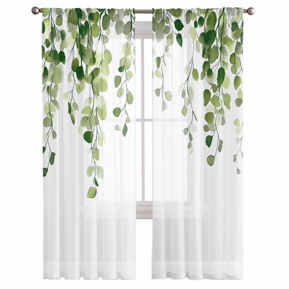 Green Eucalyptus Leaves Semi Sheer Curtains 108 Inch Length 2 Panels Set, Summer Watercolor Leaf Sheer Kitchen Curtain Privacy Voile Window Curtain for Living Room Bedroom Rod Pocket Drapes