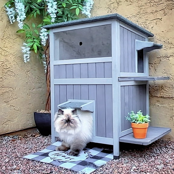 Outdoor Cat House 2-Story Feral Animals Shelter Cat Enclosure with Window & Waterproof Roof