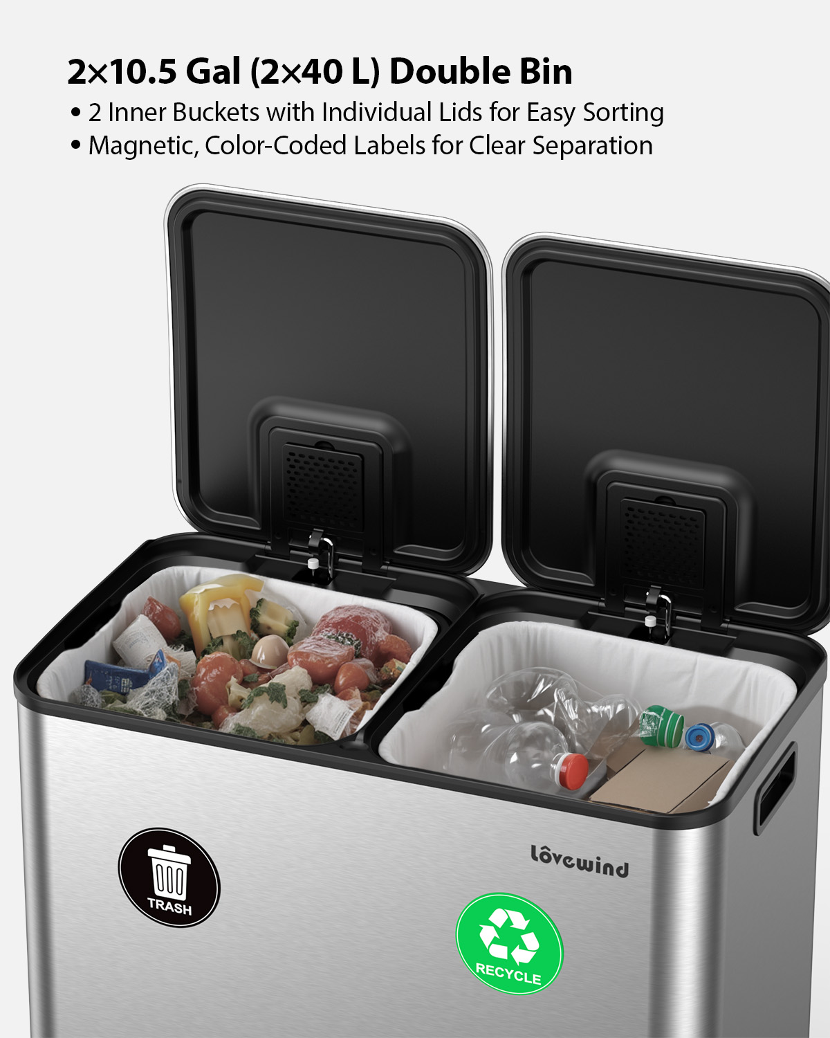 Dual Compartment Kitchen Trash Can, 2 x 10.5 Gallon Stainless Steel Garbage & Recycling Bin Combo for Kitchen, Soft Close Lids, Odor Proof, Hands Free