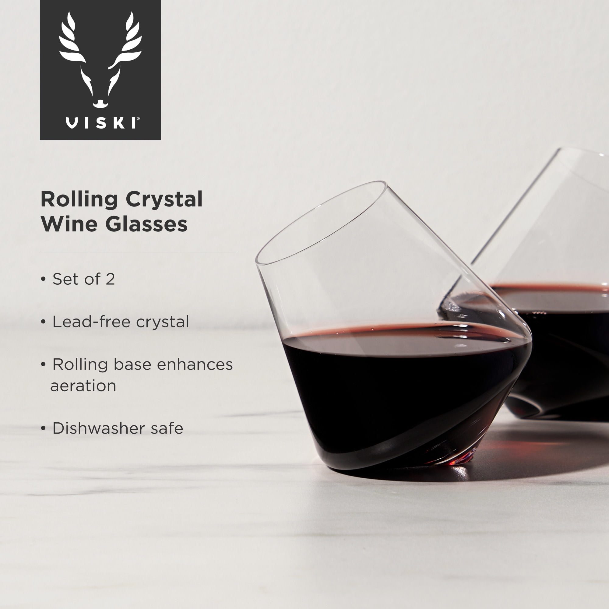 Viski Rolling Crystal Wine Glasses, Birthday, Wedding, Gifts,12oz, Set of 2