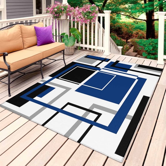 Blue Black Geometric Outdoor Rug 5x7 Ft, Non Slip Washable Area Rug, Modern Minimalist Abstract Stripes Patio Rugs Carpet Runner, Large Floor Mat for Indoor/Outdoor Deck Porch Camping