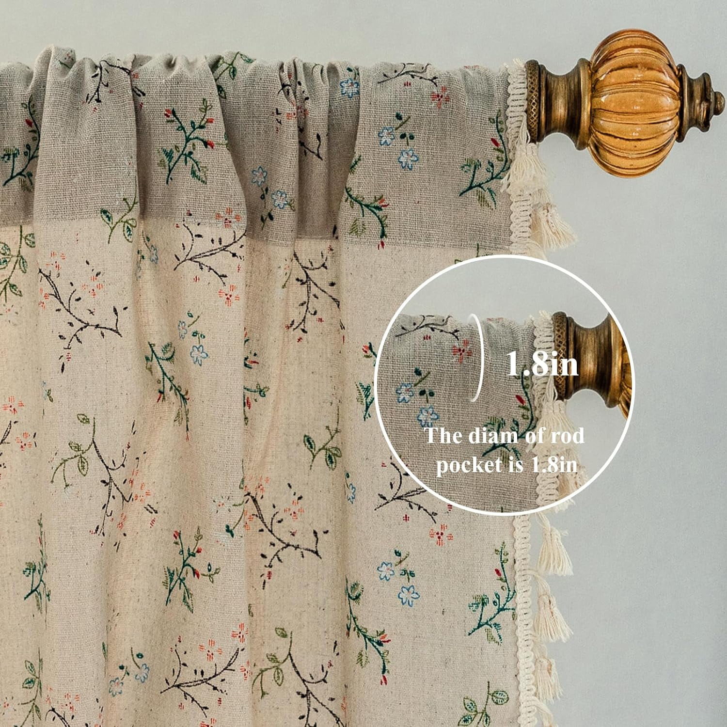 Psoiuetr Floral Farmhouse Curtains Semi Sheer Living Room Drapes Cotton Linen Bohemian Window Curtain Panels with Tassel Beige Rod Pocket Bedroom Drapes 1 Panel 52" W x 63" L