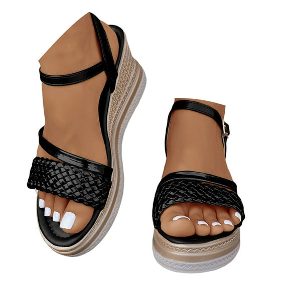 Mepaouo Wedge Sandals for Women Espadrille Open Toe Platform Strappy Dressy Beach Summer Shoes Black 6.5