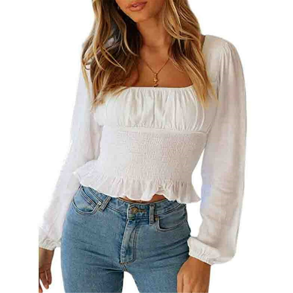 Aunavey - Aunavey Women's Frill Smock Crop Top Retro Square Neck Long ...