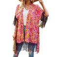 thumbnail image 1 of Camisa holgada de verano con empalme de borlas y cintura con estampado de manga corta para mujer, 1 of 6