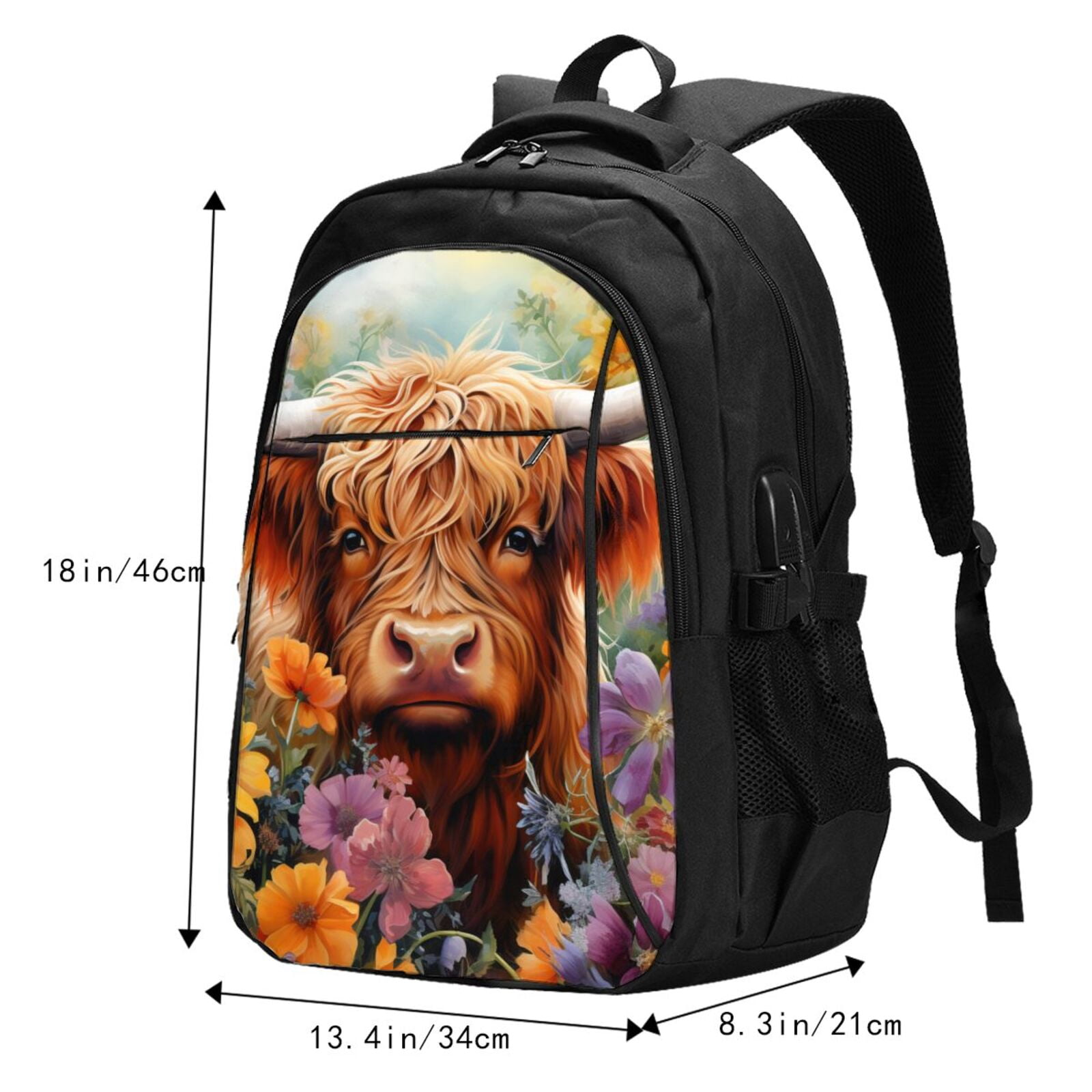 Ratiio Countryside Colorful Floral Cow Print Travel Laptop Backpack,Slim Sturdy Laptops Backpack with USB Charging Port, Water Resistant College School Computer Bag
