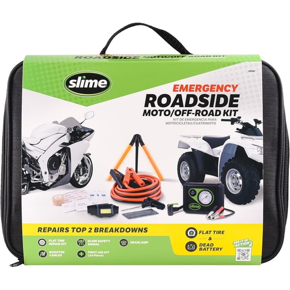 Slime 50161 Emergency Roadside Kit with Flat tire Repair and Booster Cables for Moto/Off-Road