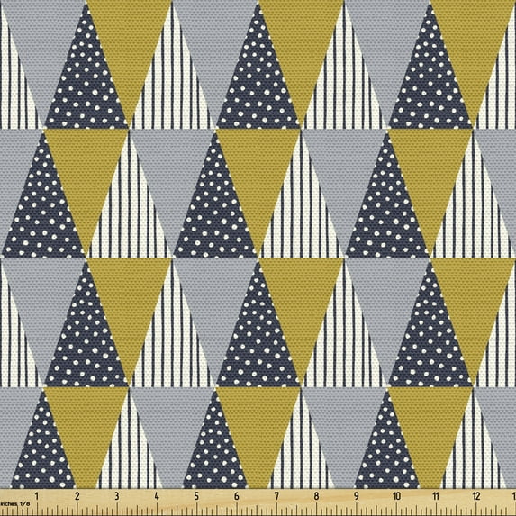 Abstract Fabric by the Yard Upholstery, Boho Geometric Motif Triangles Stripes and Polka Dots Doodle Print, Decorative Fabric for DIY and Home Accents, Pale Coffee and Night Blue by Ambesonne