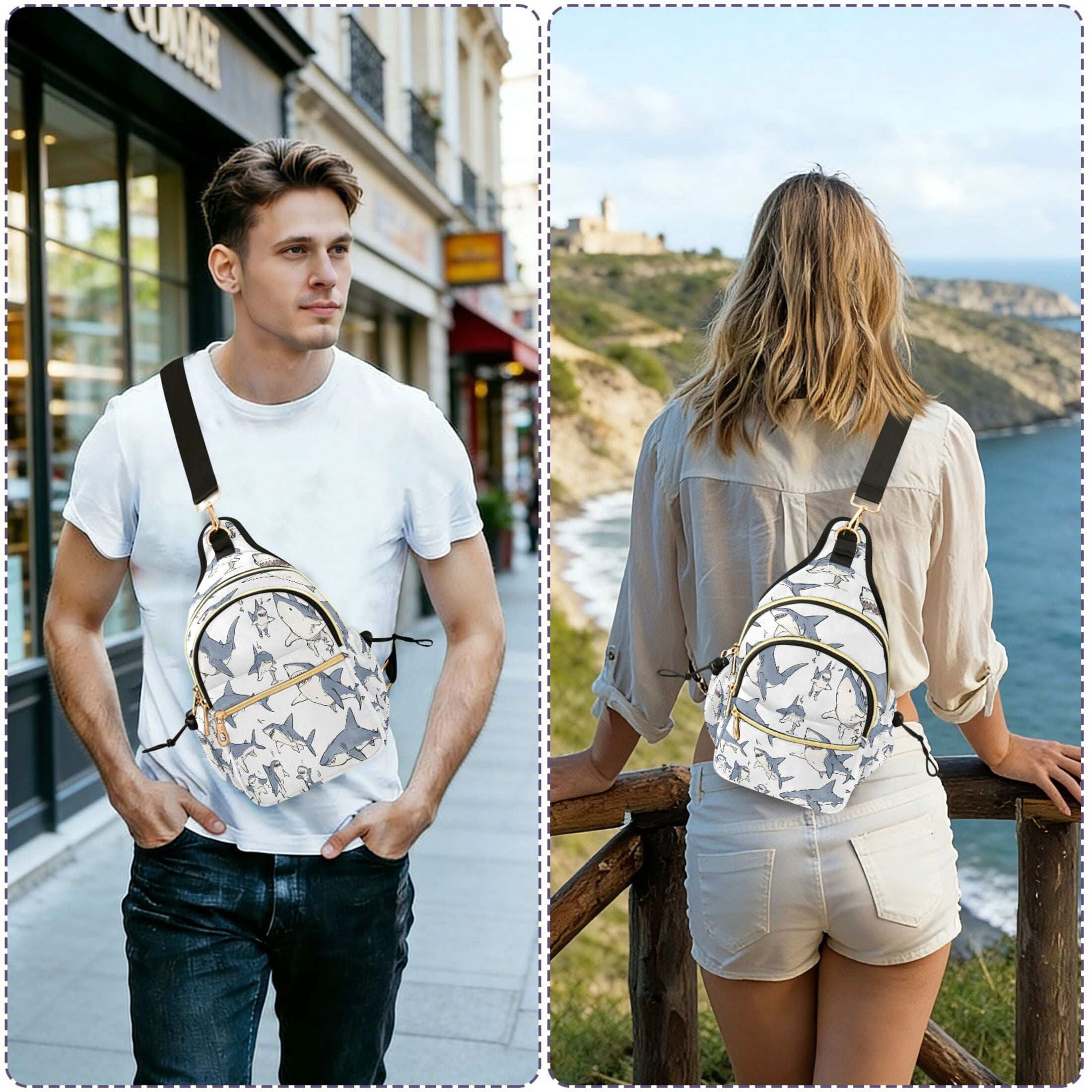 Crossbody Sling Bag for Women Shoulder Purse Trendy Daypack with Adjustable Strap Blue Shark with White Belly