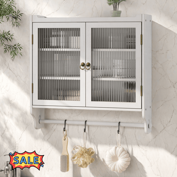Tcbosik Wall-Mounted Storage Cabinet with Glass Doors & Adjustable Shelves, Bathroom Cabinet with Towel Bar, Medicine Cabinet for Kitchen, Living Room, White