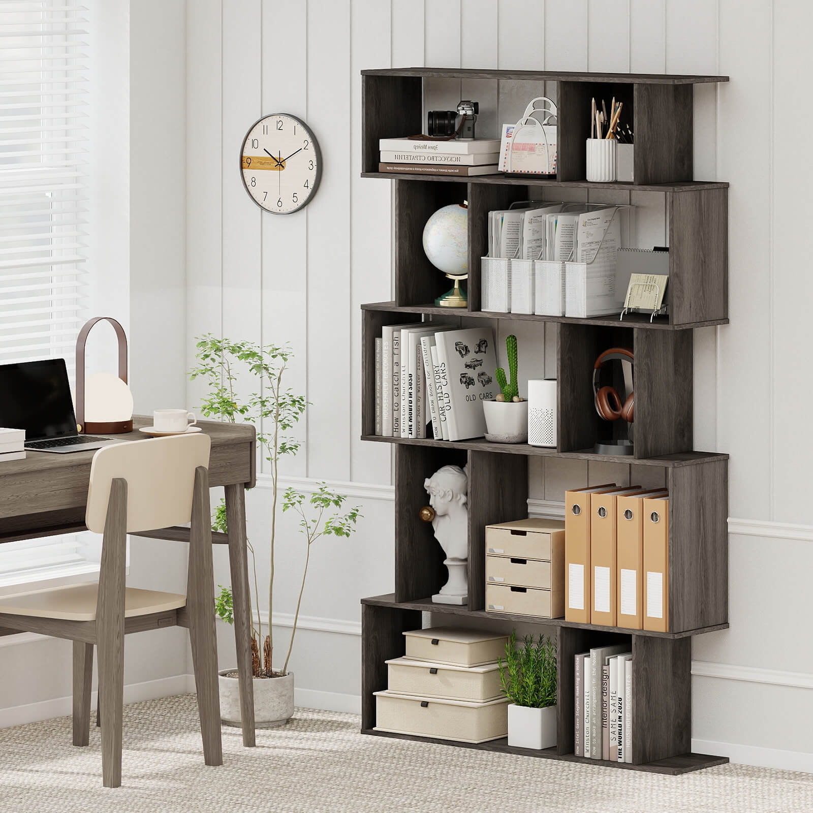Costway 1 PCS 5-Tier Geometric Bookshelf with Open Shelves & Closed-back Cubes for Living Room Gray Oak