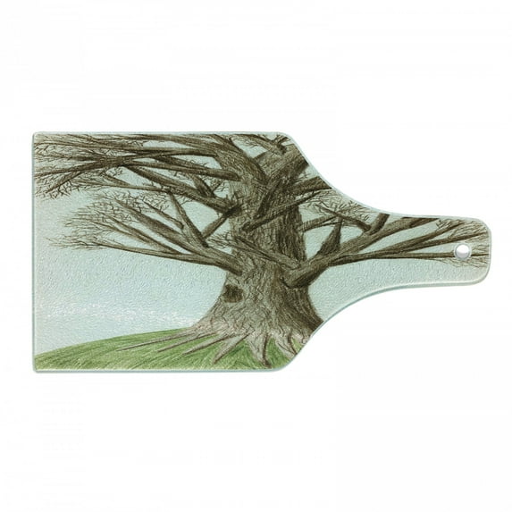 Tree of Life Cutting Board, Hand Drawn Pastoral Single Old Tree with Growing Branches on the Grass Print, Tempered Glass Cutting and Serving Board, Wine Bottle Shape, Green Brown, by Ambesonne