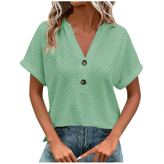 Summer Women Tops New Fashion Plus Size Casual Solid Color Button V-neck T-shirt Short Sleeved V-neck Top/shirt