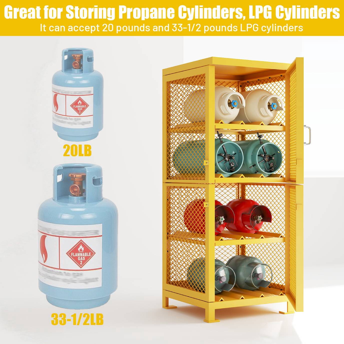 30"Lx30"Wx70"H Steel/Iron Horizontal Cylinder Storage Cabinet, 8 Cylinder Capacity, 4-Tier Propane Storage Cage, Gas Cylinder Cabinet w/Lockable Door