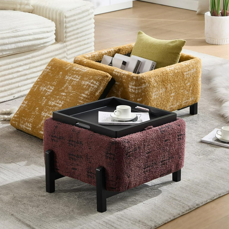 Storage Ottoman with Tray, Footstool with Storage Large