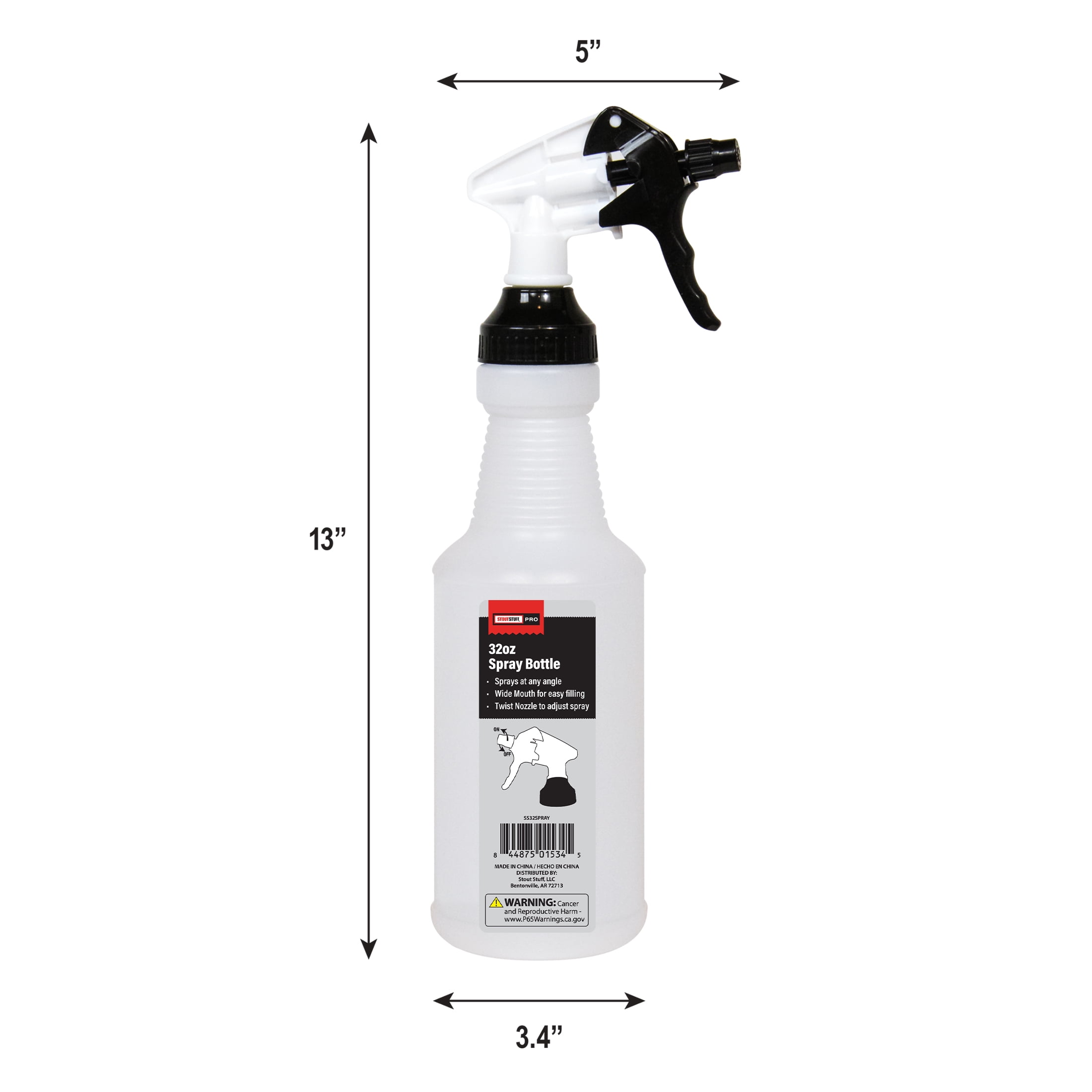 (3 pack) Stout Stuff Plastic Wide Mouth Empty Spray Bottle, Holds 32oz