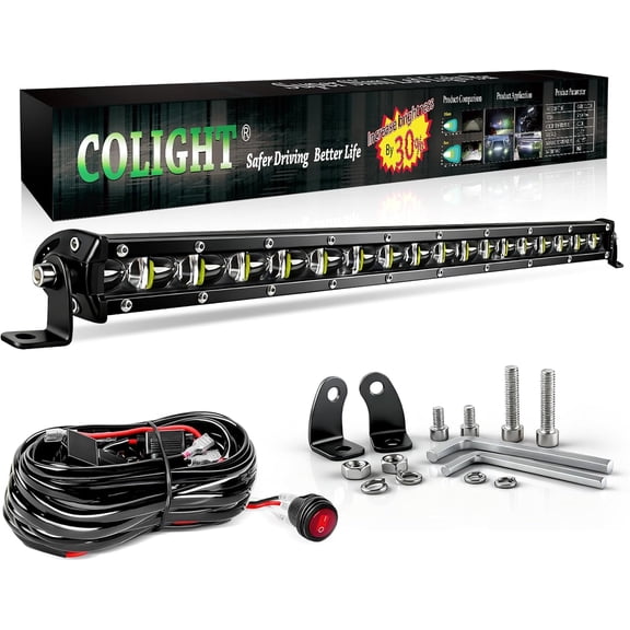 HUICHENG 20 Inch Slim Single Row LED Light Bar, Driving Combo Beam Off Road Work Lights with Mounting Brackets & 6D Reflectors for Truck Car Cabin Boat ATV UTV