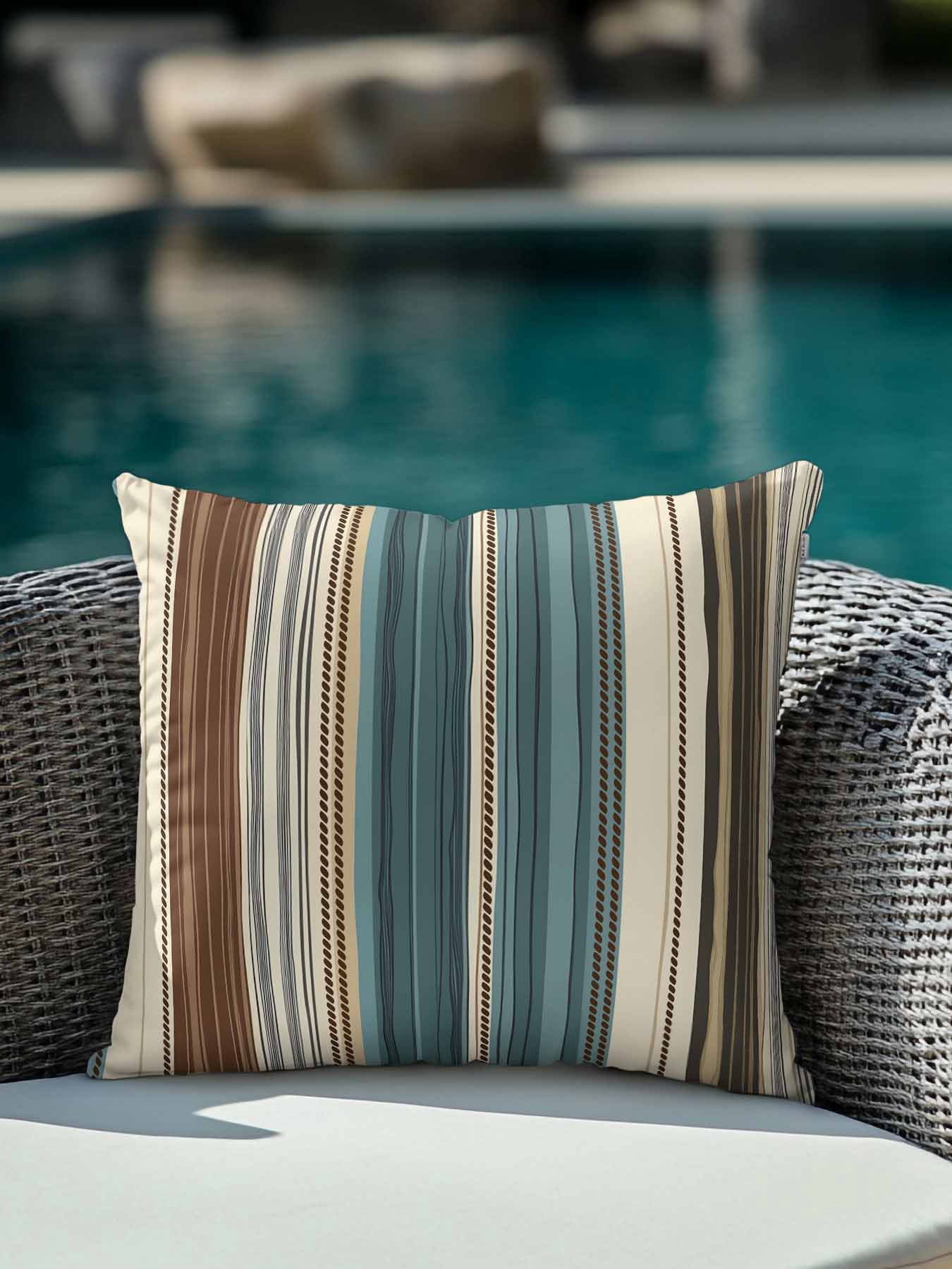 Waterproof Outdoor Throw Pillows with Inserts 16"x16", Teal Boho Stripes Soft Decorative Pillowcases for Couch Bedroom, Modern Bohemia Brown Beige Texture Pillow Covers for Sofa Living Room