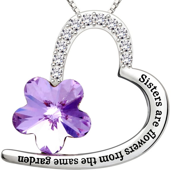 ALOV Jewelry Sterling Silver "Sisters are flowers from the same garden" Love Heart Purple Crystal Cubic Zirconia Pendant Necklace