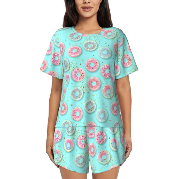 Logiee Colorful Sweet Donuts Print Womens Pajamas Set,Short-Sleeve Pajama 2 Piece Sleepwear with Pockets-Small