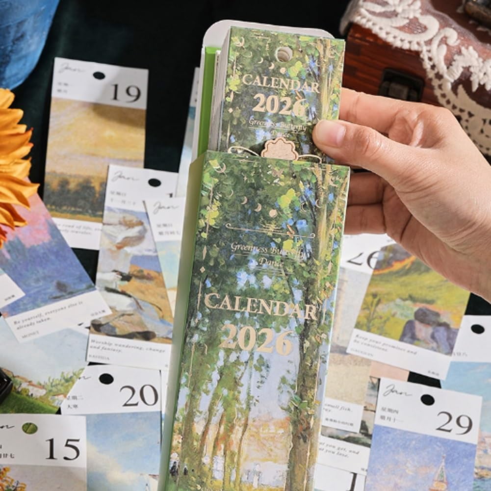 2026 Vintage European Style Oil Painting Flip Calendar, Elegant Desktop Flip Calendar with Butterfly Pendant, 12 Months of Oil Painting Holiday Themes, Suitable for Home, Living Room, Office, Create