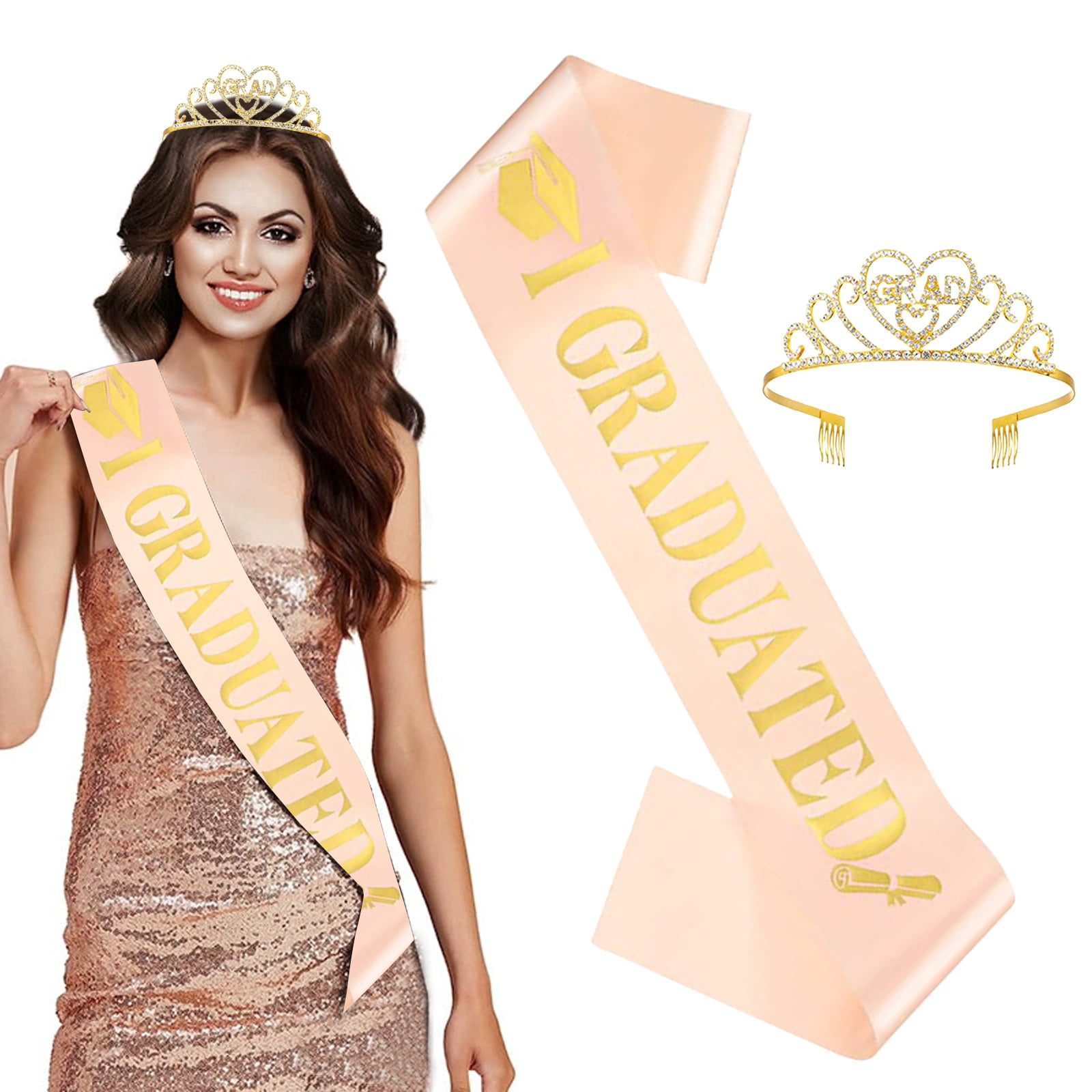 2026 Graduation Tiara with Sash for Women, Ngxiha Glittered Metal