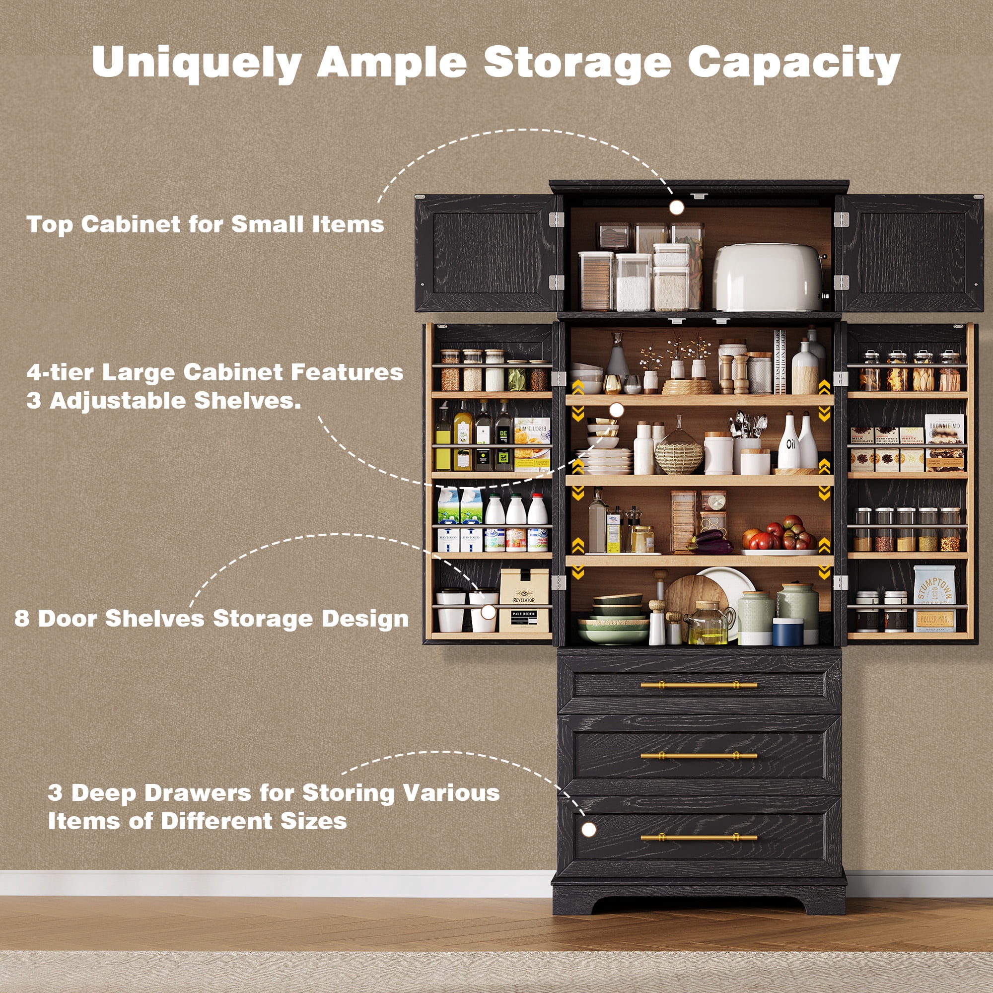 Mintazer 78" Tall Farmhouse Pantry Cabinet with Adjustable Shelves & Door Shelves, Freestanding Storage Cabinet with 3 Large Drawers & Gold Hardware for Kitchen Dining Room Living Room, Black