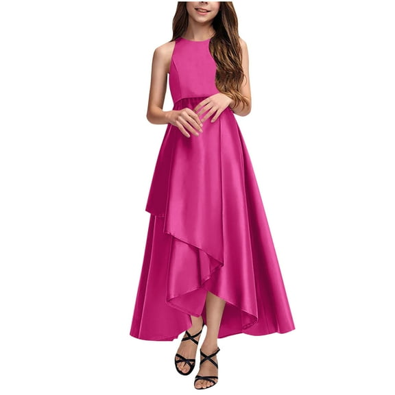 Girls Sleeveless Long Dress 4-14 Years Soft Satin Ruffled Flowy Maxi Sundress Formal Party Evening Gowns (14-15 Years, Yellow)