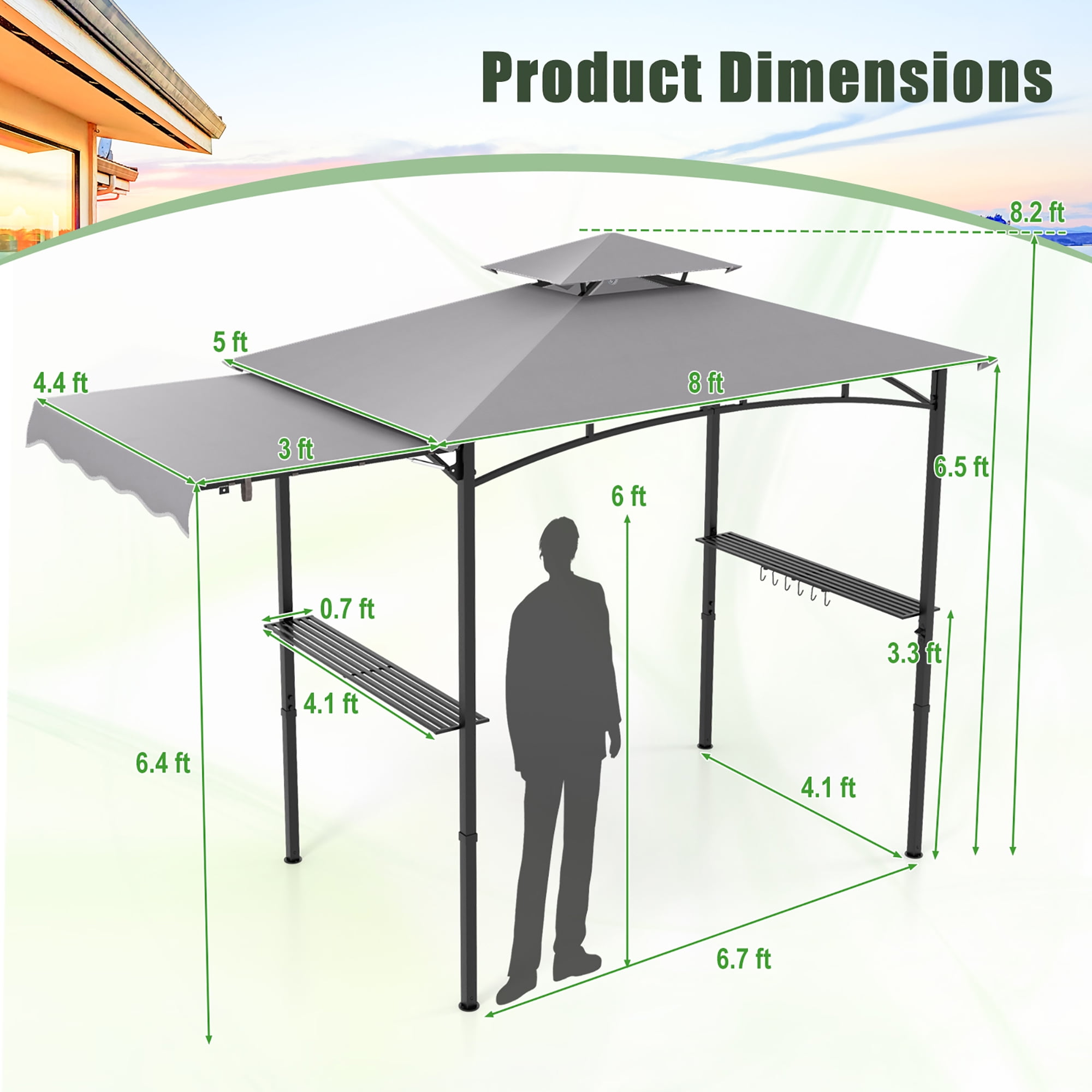 Gymax 11 x 5 FT Grill BBQ Gazebo w/ Side Awning Double-Tiered Top 2 Side Shelves