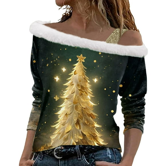 Womens Christmas Tops Long Sleeve Shirts Festive Off Shoulder With Trim Elegant Holiday Party Seasonal Celebrations Fall Clothes For Women Tees Blouses