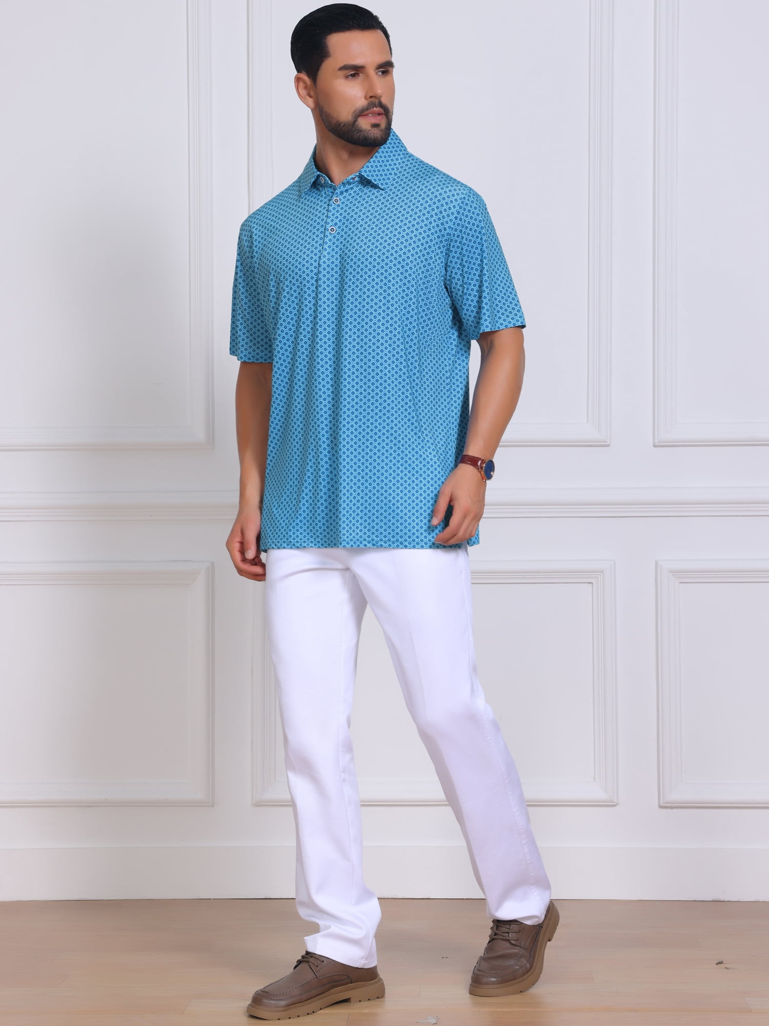 DARING DIVA Men's Printed Short Sleeve Lightweight Breathable Polo Shirts XL Sky Blue