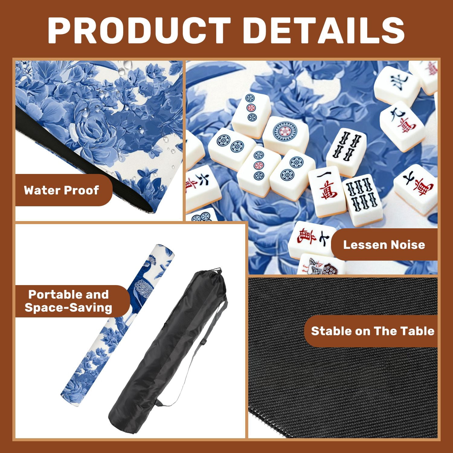 Mahjong Mat 31.5" x 31.5" Seamless chinoiserie style peacock birds peonies Non-Slip Noise Reduction American Mahjong Tiles Table Cover for Dominoes Poker Card Board Games Gift